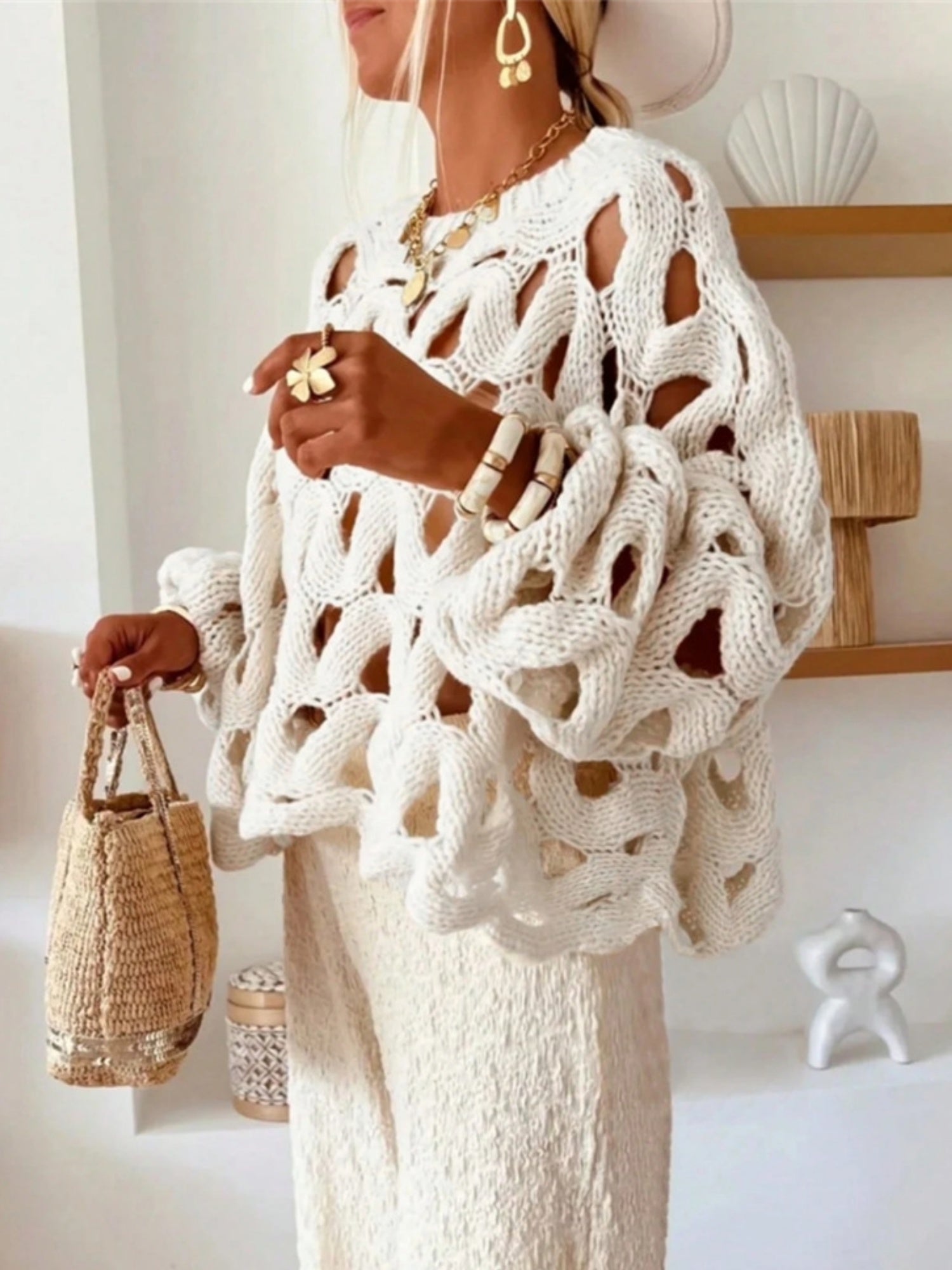 Hollow Out Crochet Long-sleeved Knitted Sweater