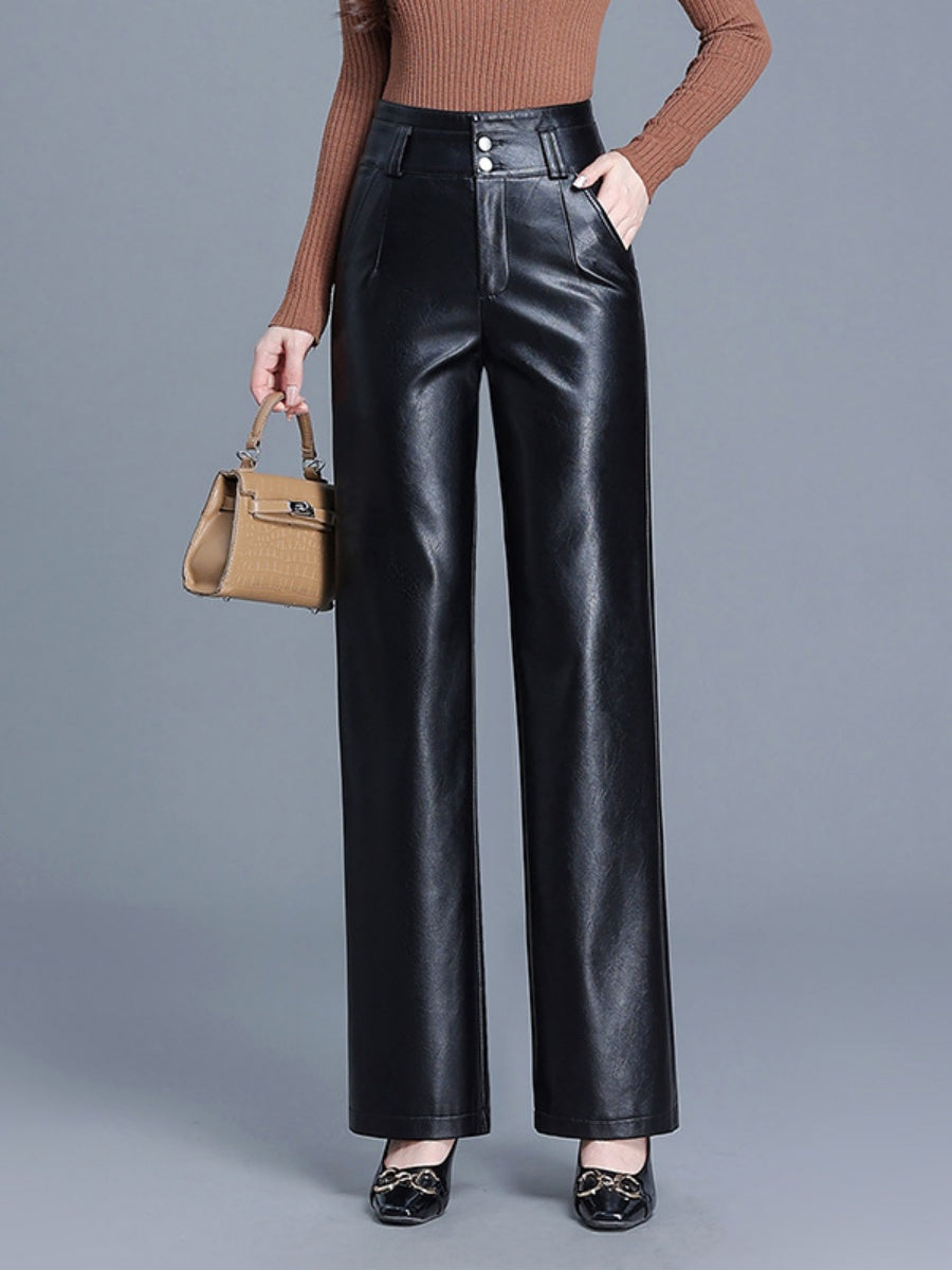 High Waist Slimming PU Leather Straight Pants