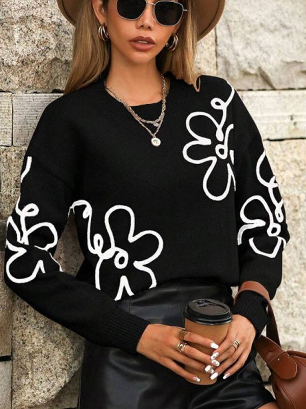 3D Effect Flower pattern Crew Neck Sweaters