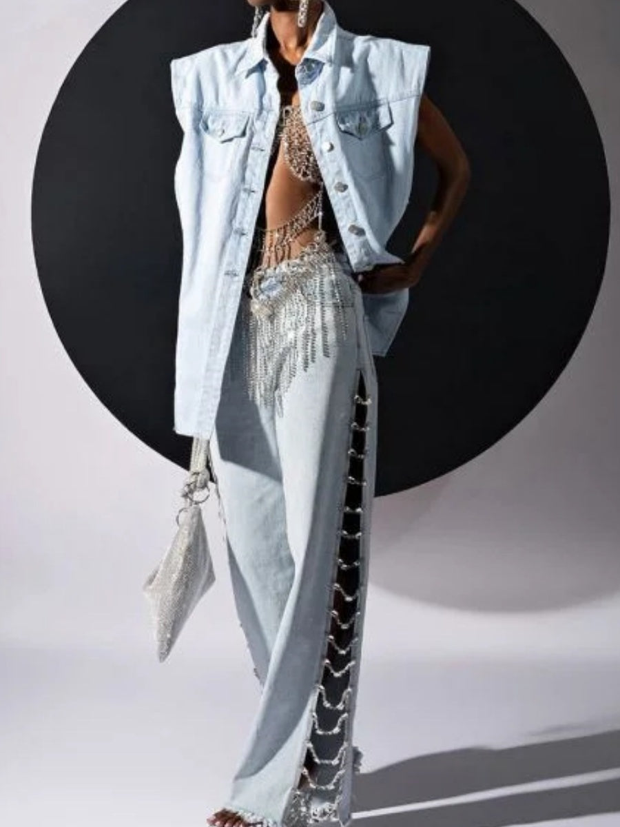 Liber Autumn Women's Ripped Chain Hollow Design Pants