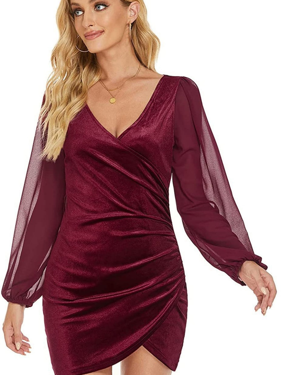 Spliced Korean Velvet V-neck Short Bodycon Dress