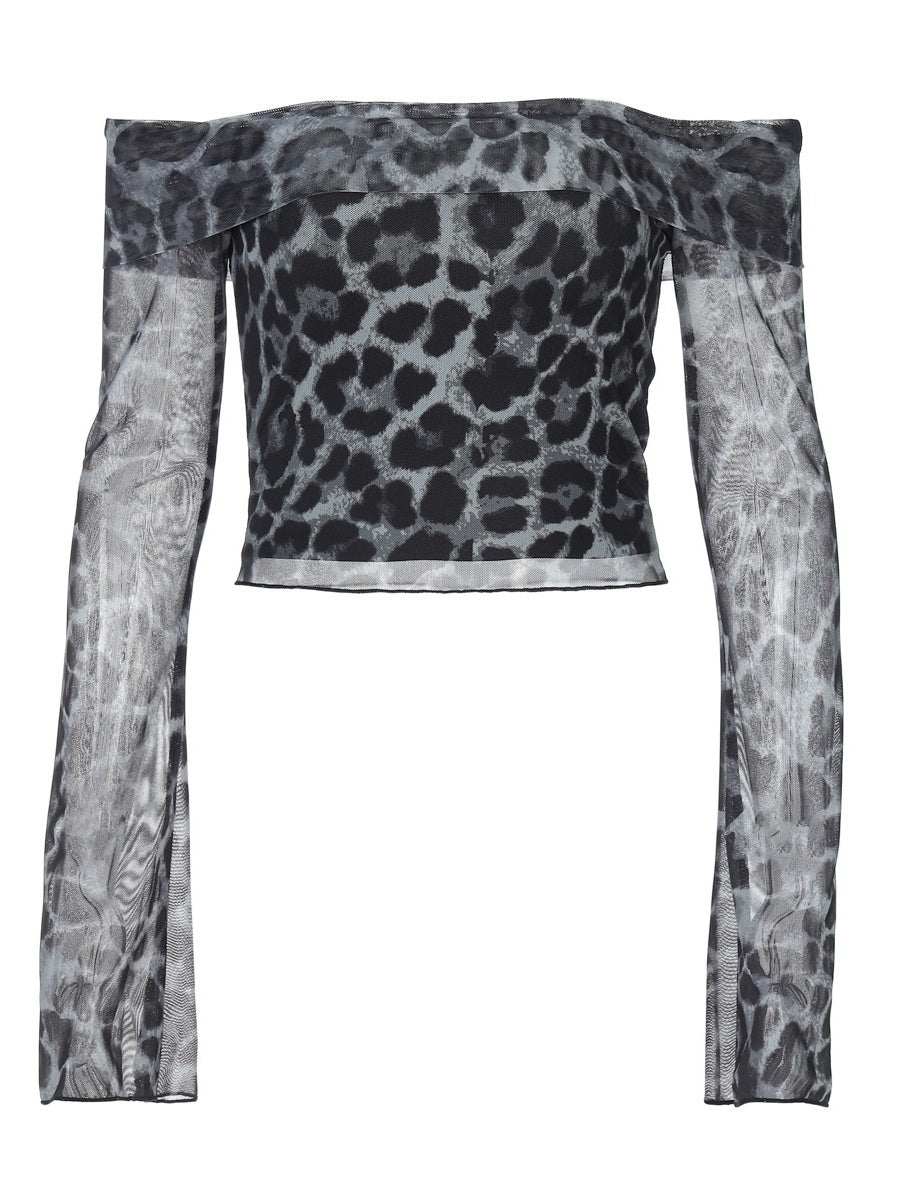 Sexy Off Shoulder Long Sleeve Navel Leopard Print Sexy Top