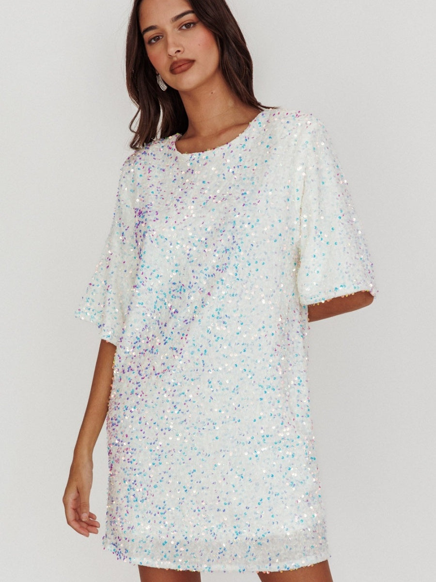 Crew Neck Sequins European And American Style Short Sleeve Loose Bandage Parties Christmas Short Dress