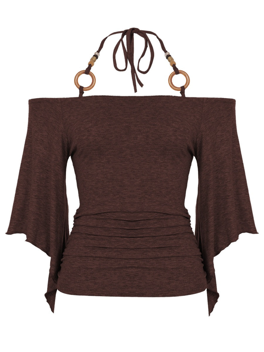 Off-the-shoulder  Bell sleeves  Cinched waist Halter neck top T-shirts