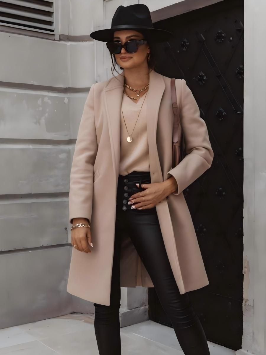 Solid Color Lapel Mid-length Button Wool Coat