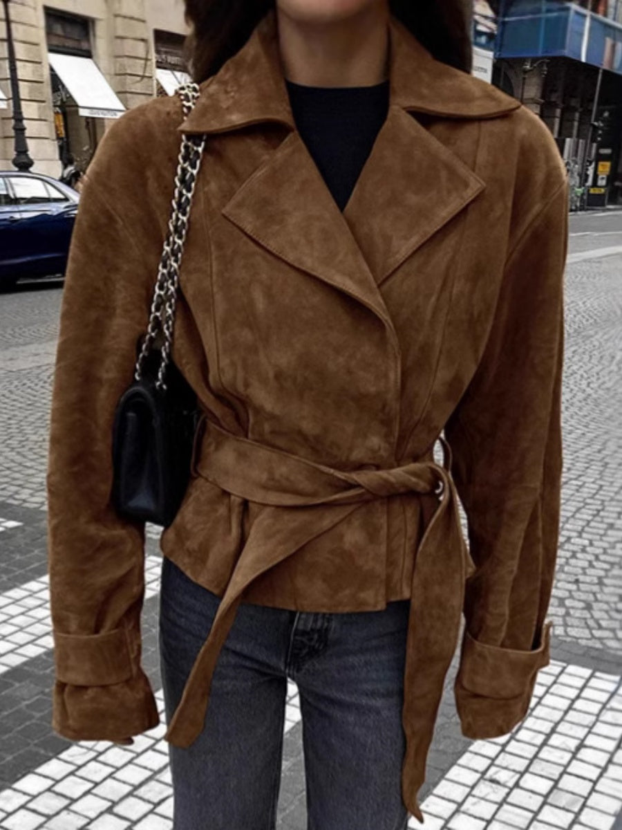 Short Suede Lapel Lace-up Coat