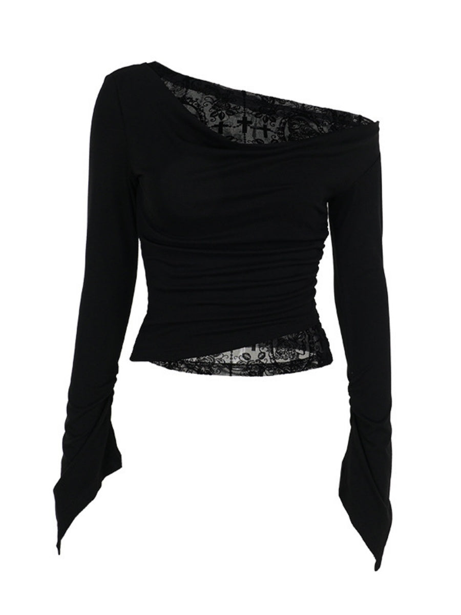 Embossing Slightly Transparent Jacquard Black One Shoulder T-shirts