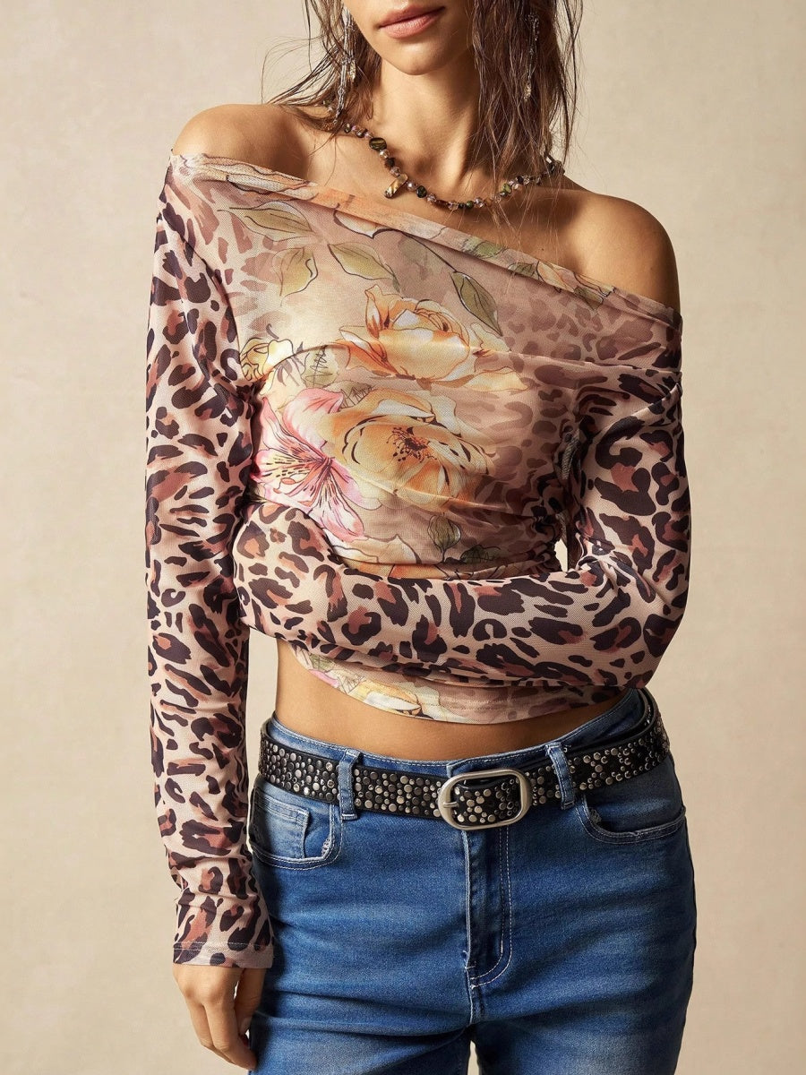 Pullover Mesh Off-shoulder Floral Leopard Print Patchwork T-shirts Swing Collar Street Casual T-shirt