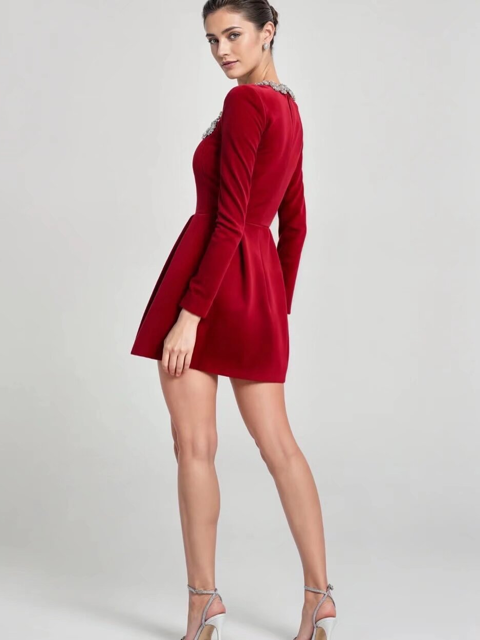 Square Collar Long Sleeve Diamond Velvet Mini&Short Dresses