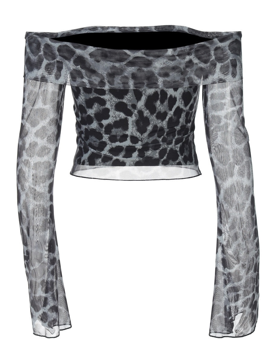 Sexy Off Shoulder Long Sleeve Navel Leopard Print Sexy Top